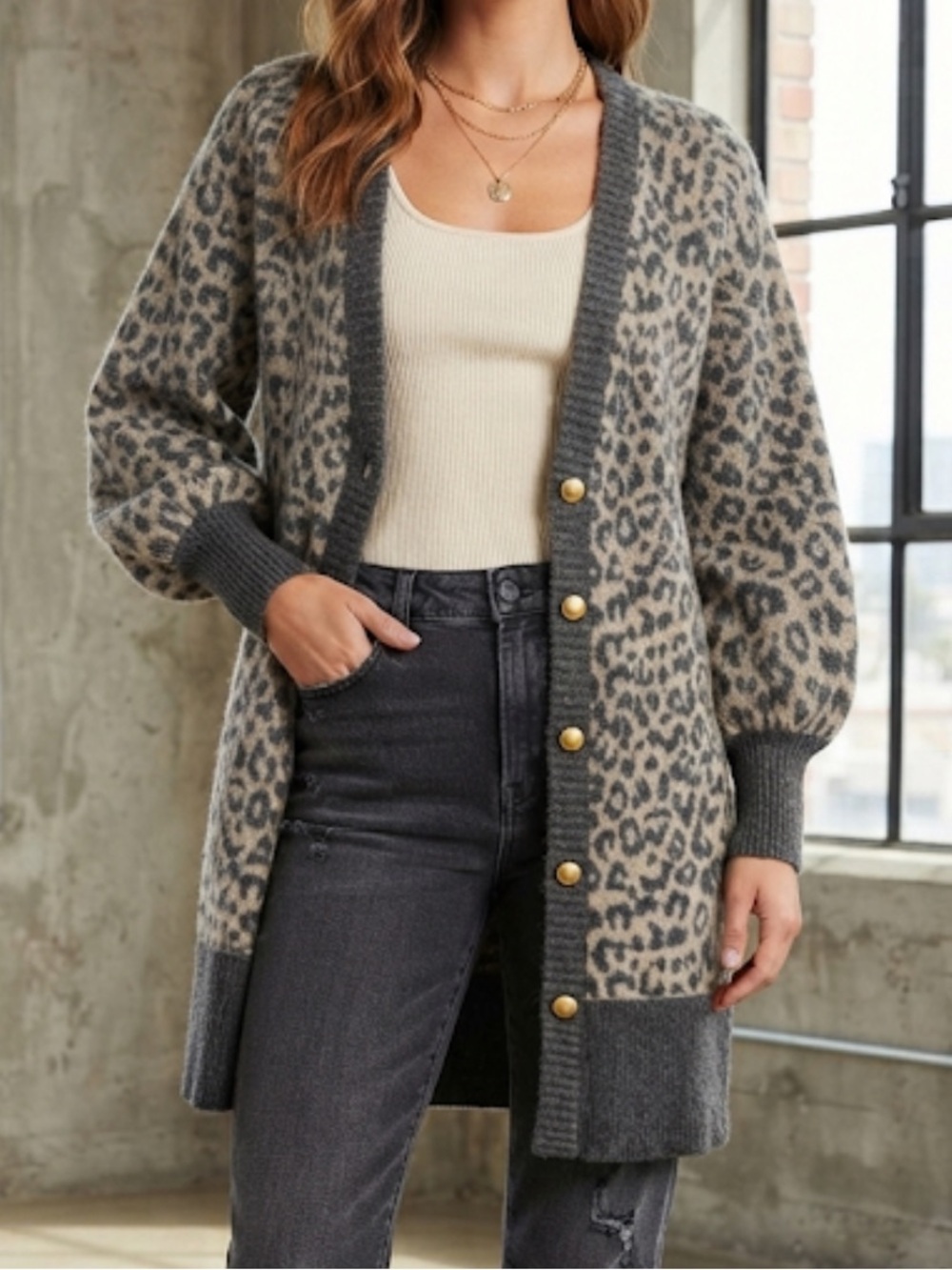 MARLED Animal Print Long Cardigan Balloon Sleeves Longline Swacket XS